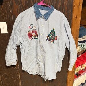 Blue Striped Shirt with Christmas Embroidery